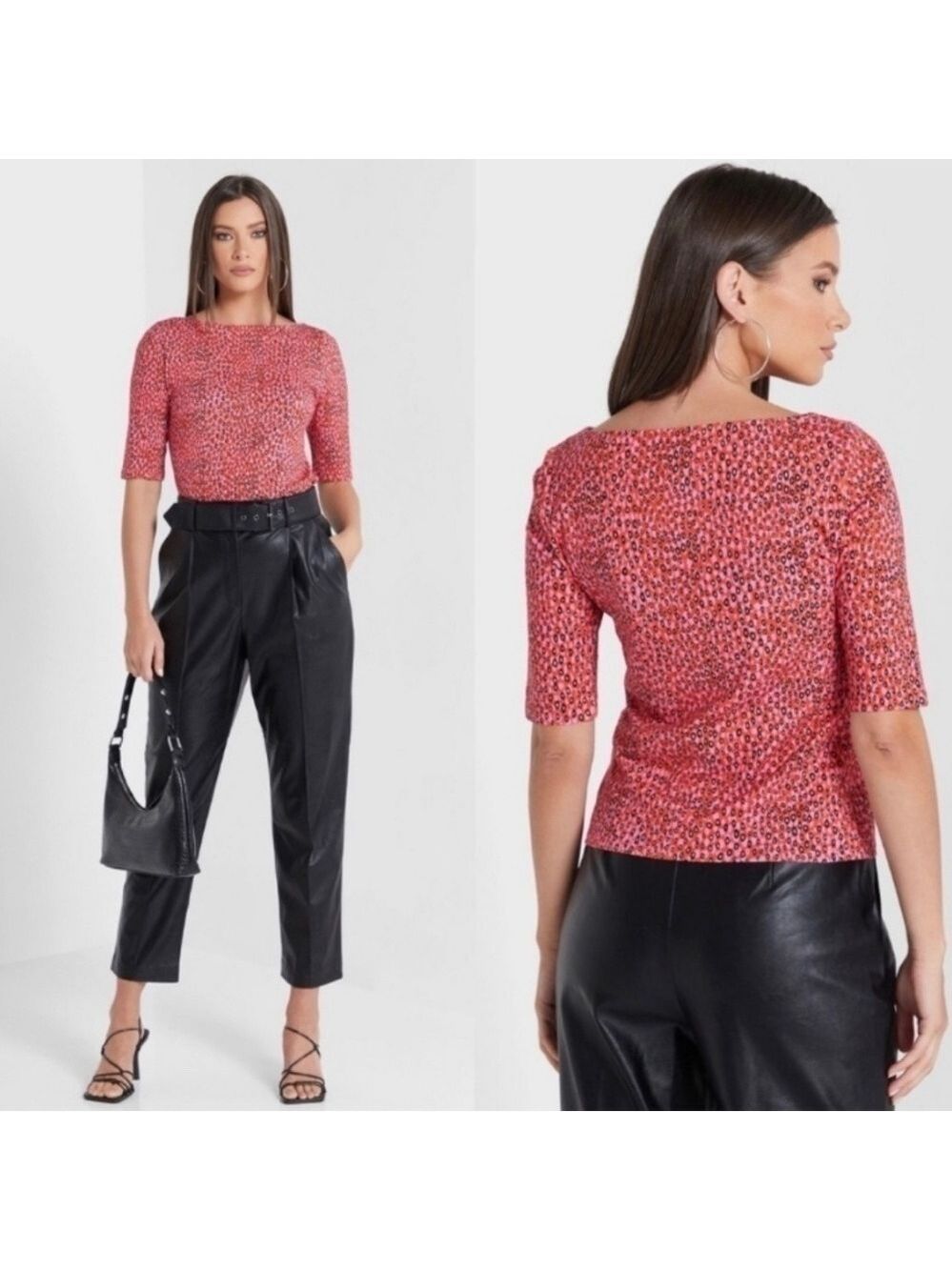 TED BAKER Cotton Willew Elbow Length Top in Pink Spotted Animal Print US Sz S